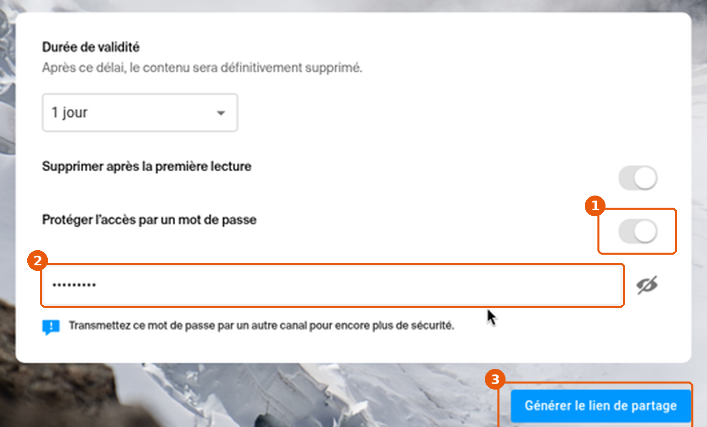 Option de protection par mot de passe activée, mot de passe saisi et bouton Générer le lien de partage