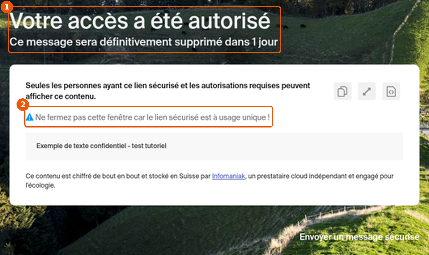Vue destinataire : Votre accès a été autorisé et avertissement sur le lien à usage unique