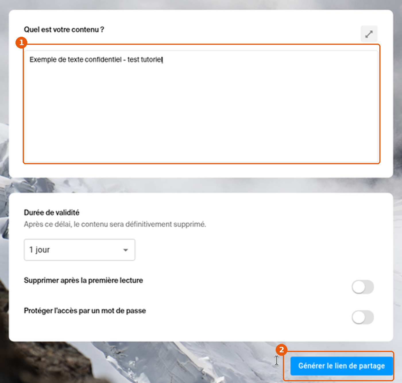 Formulaire kPaste avec le texte saisi et le bouton Générer le lien de partage