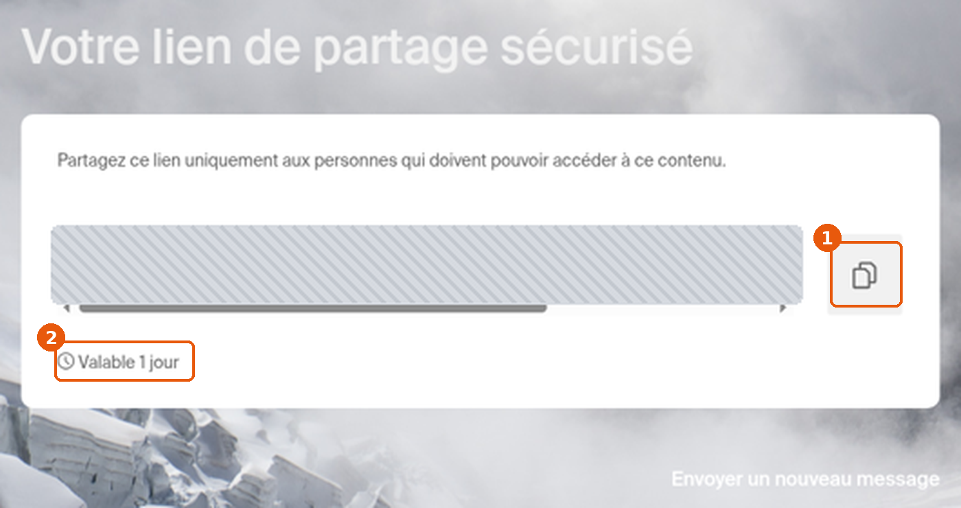 Page Votre lien de partage sécurisé avec le lien masqué, l'icône de copie et la mention Valable 1 jour