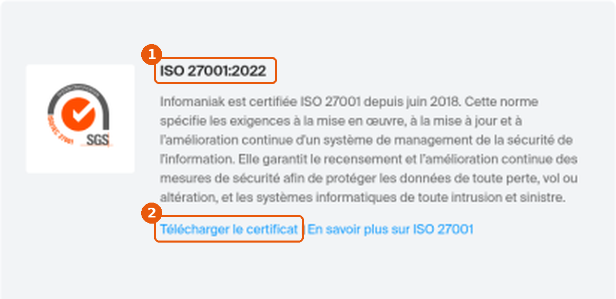 Bloc ISO 27001:2022 (1) et lien Télécharger le certificat (2) sur la page Certifications d'Infomaniak