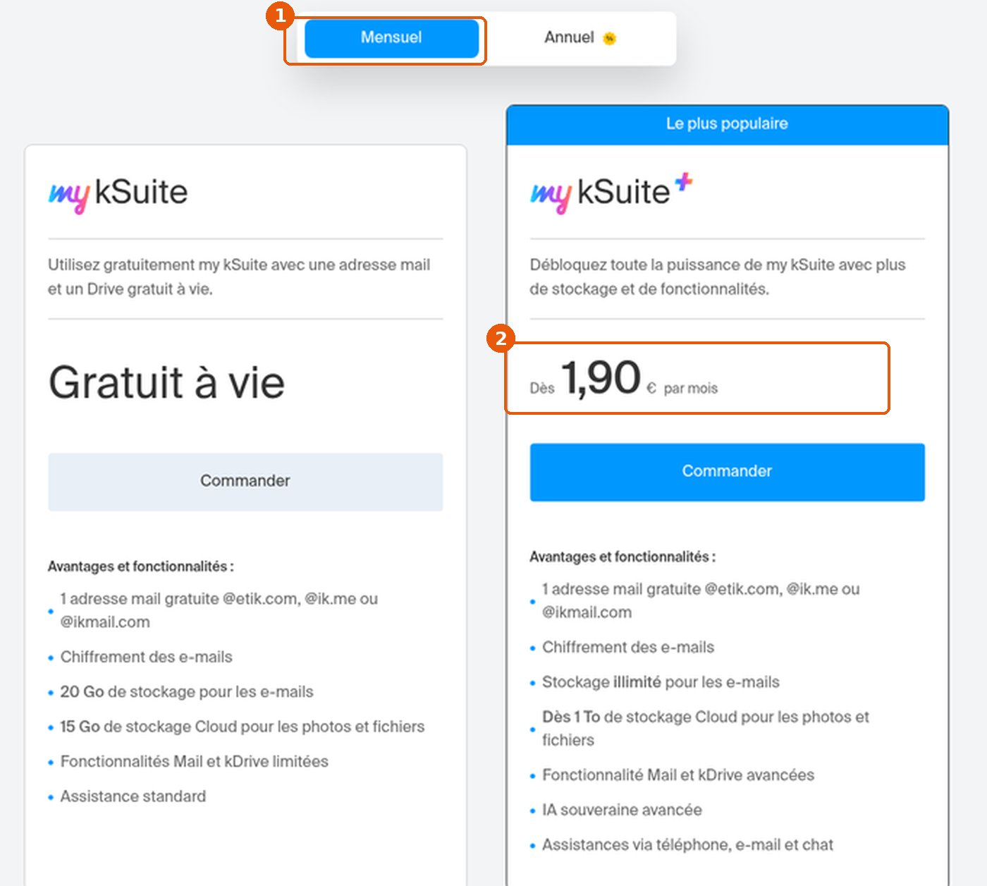 Tarifs my kSuite en période Mensuel : bascule Mensuel et prix mensuel de my kSuite+ encadrés