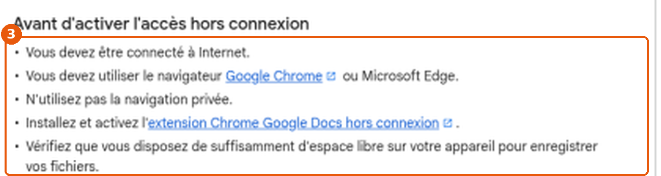 Aide Google Docs : prérequis de l'accès hors connexion (Chrome ou Edge, extension) encadrés (3)