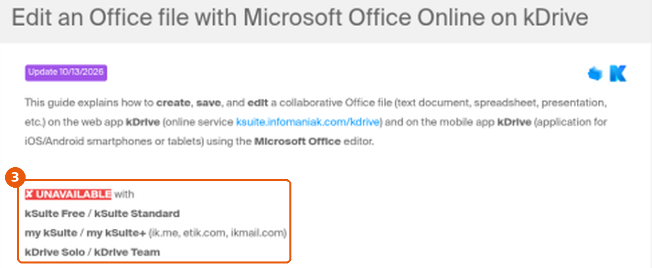FAQ 2627 Infomaniak, en anglais : mention UNAVAILABLE with kSuite Free / kSuite Standard encadrée (3)