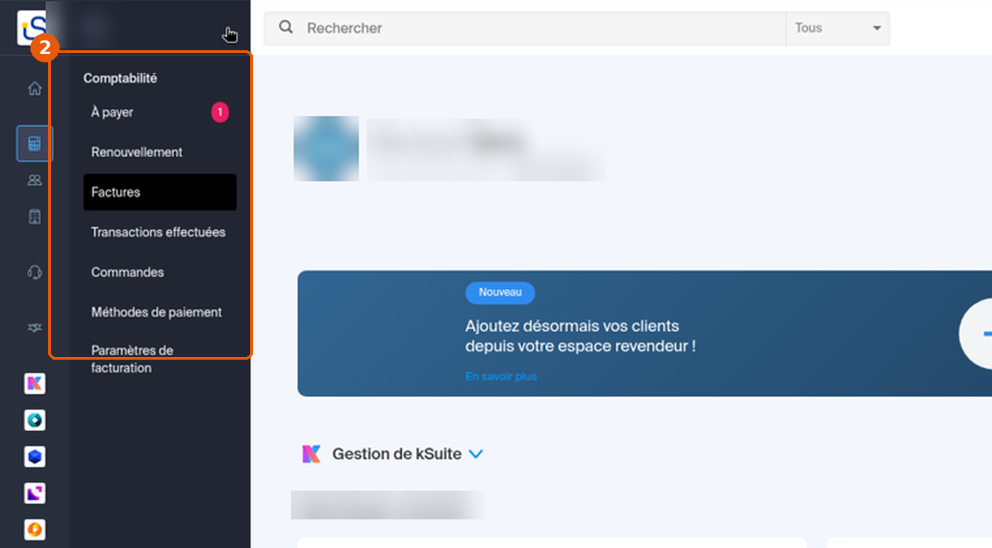 Volet Comptabilité ouvert : À payer, Renouvellement, Factures, Commandes, Méthodes de paiement