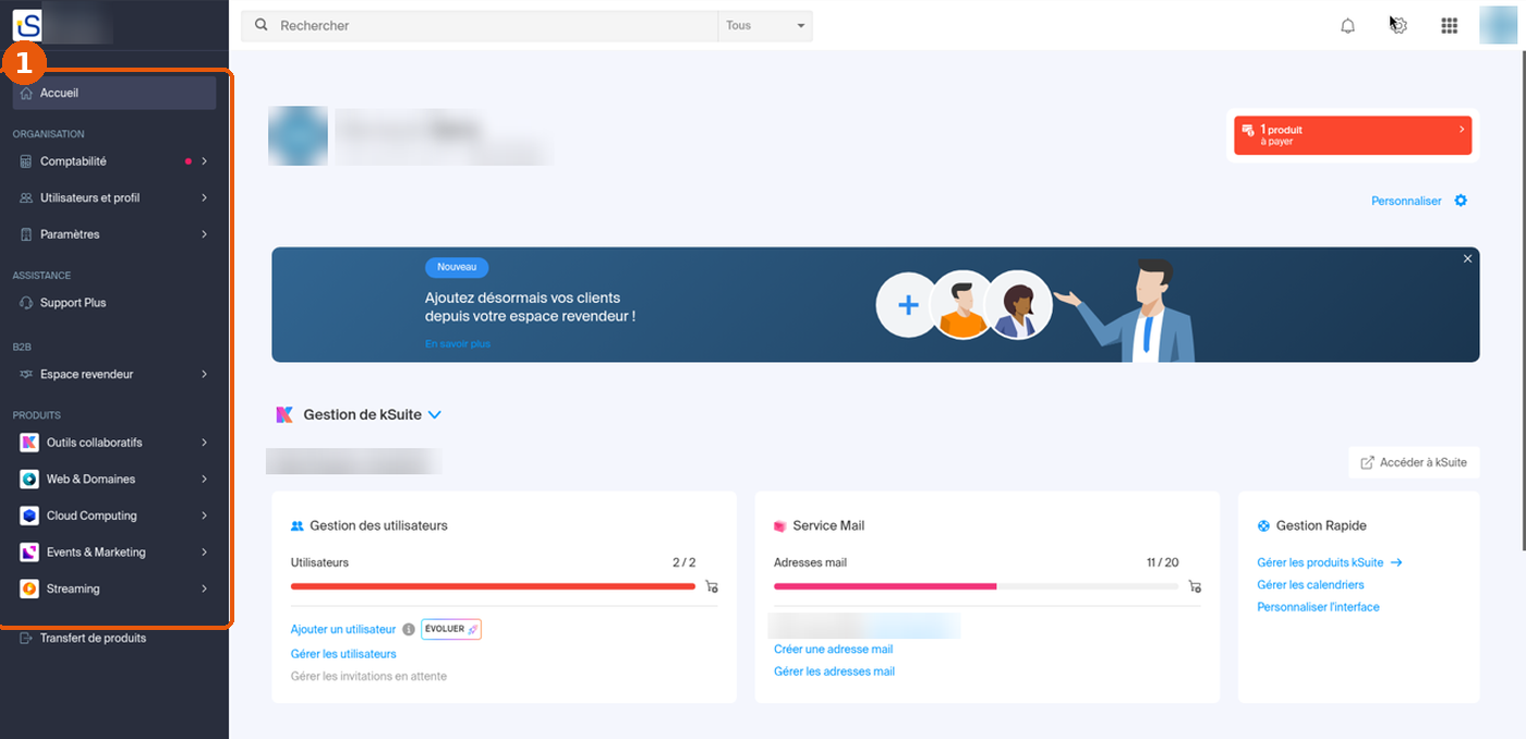 Accueil du Manager Infomaniak, menu de gauche complet encadré : Organisation, Assistance, B2B, Produits