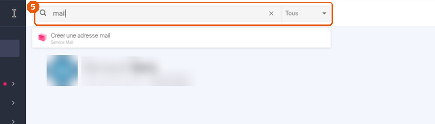 Barre de recherche du Manager avec le mot mail et le résultat Créer une adresse mail encadrée