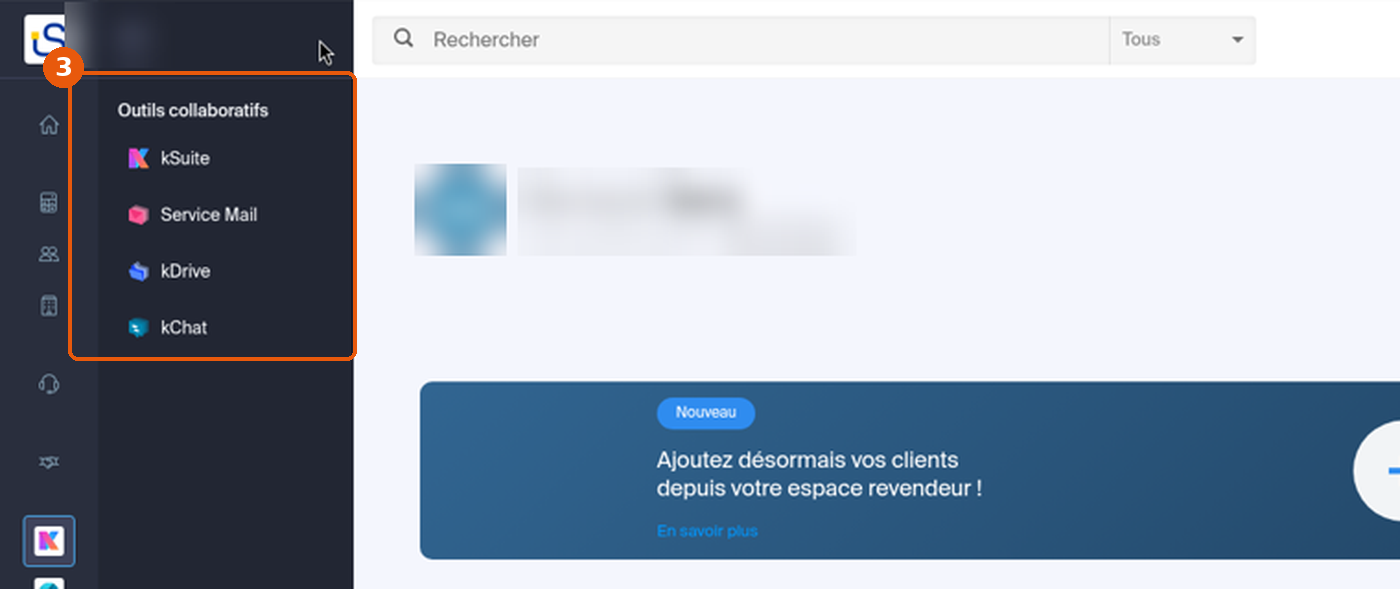 Volet Outils collaboratifs ouvert : kSuite, Service Mail, kDrive, kChat