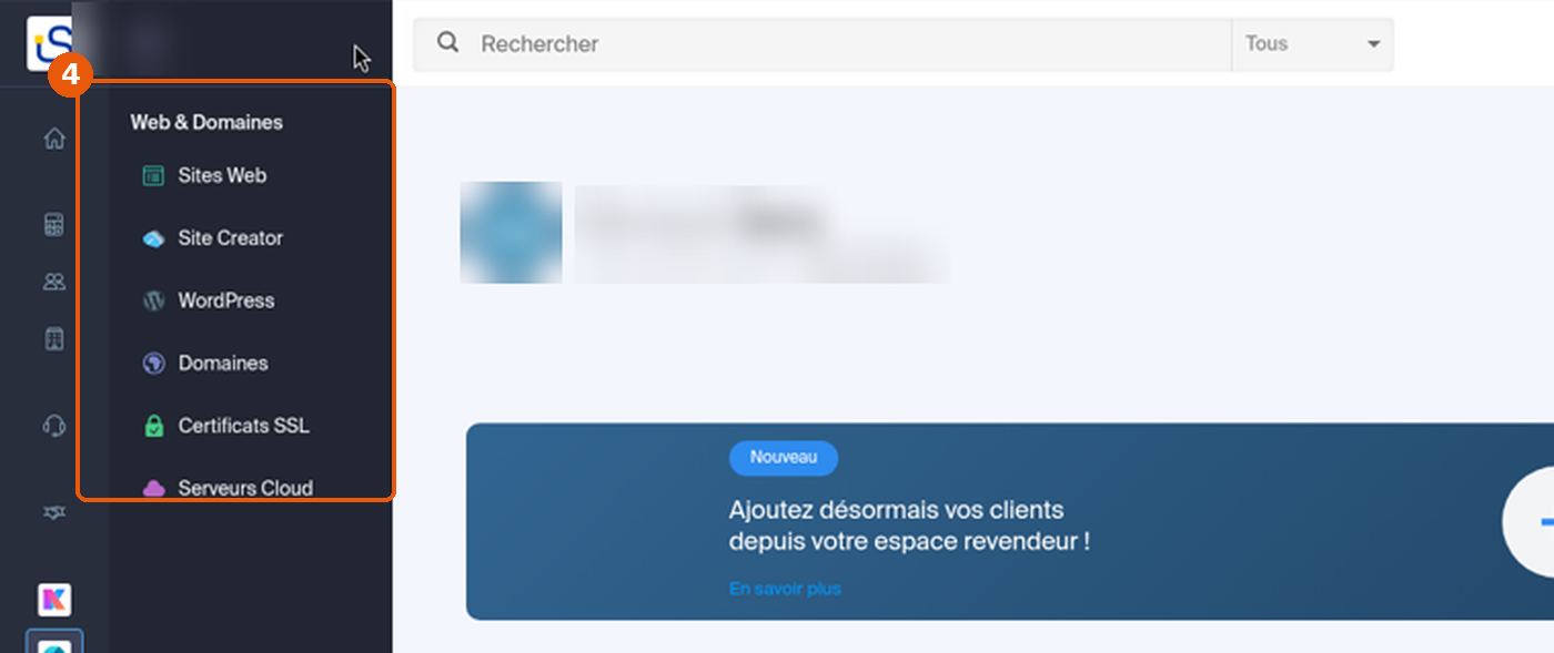 Volet Web & Domaines ouvert : Sites Web, Site Creator, WordPress, Domaines, Certificats SSL, Serveurs Cloud
