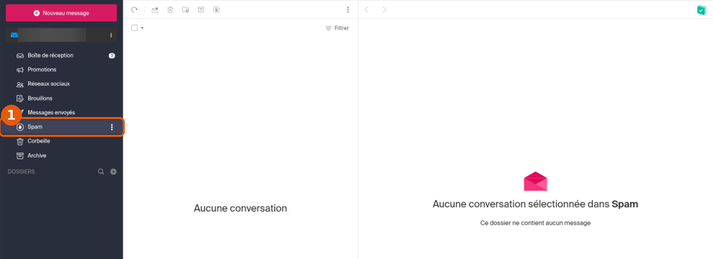 Mail Infomaniak : dossier Spam sélectionné dans le menu encadré (1), dossier vide