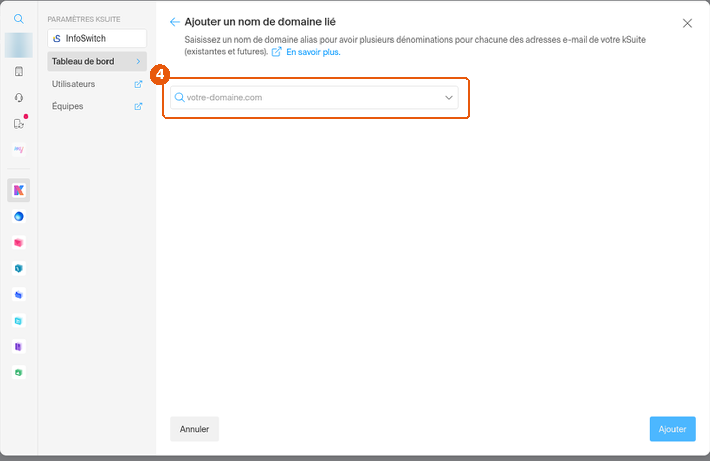 Formulaire Ajouter un nom de domaine lié : champ votre-domaine.com encadré, boutons Annuler et Ajouter