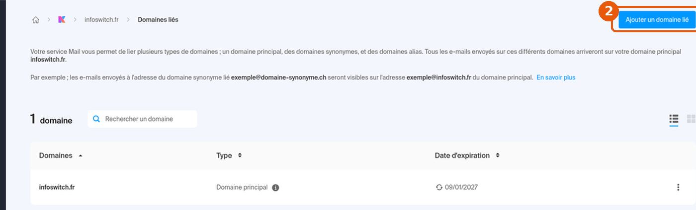 Page Domaines liés du Service Mail : bouton Ajouter un domaine lié encadré