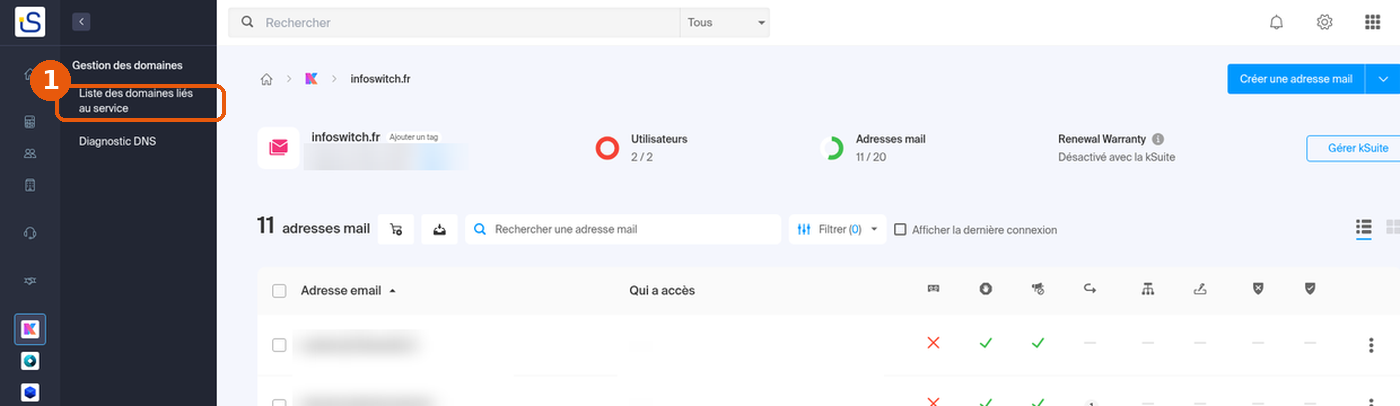Service Mail dans le Manager Infomaniak : menu Gestion des domaines, entrée Liste des domaines liés au service encadrée