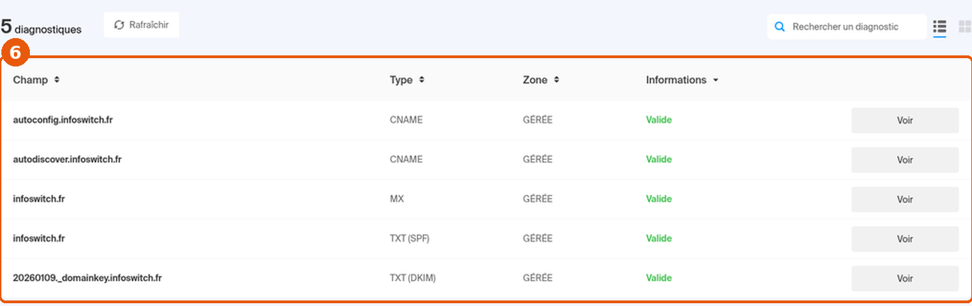 Diagnostic DNS du Service Mail : cinq enregistrements (CNAME autoconfig et autodiscover, MX, SPF, DKIM) au statut Valide