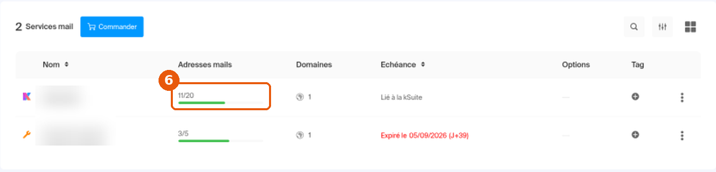 Liste des Services mail du Manager avec le compteur Adresses mails 11/20 encadré