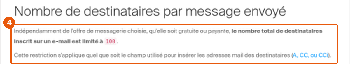 Extrait de la FAQ 580 indiquant la limite de 100 destinataires par e-mail