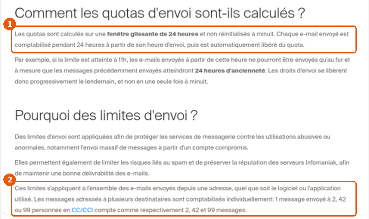 Extrait de la FAQ 2065 sur la fenêtre glissante de 24 heures (1) et le décompte par destinataire (2)