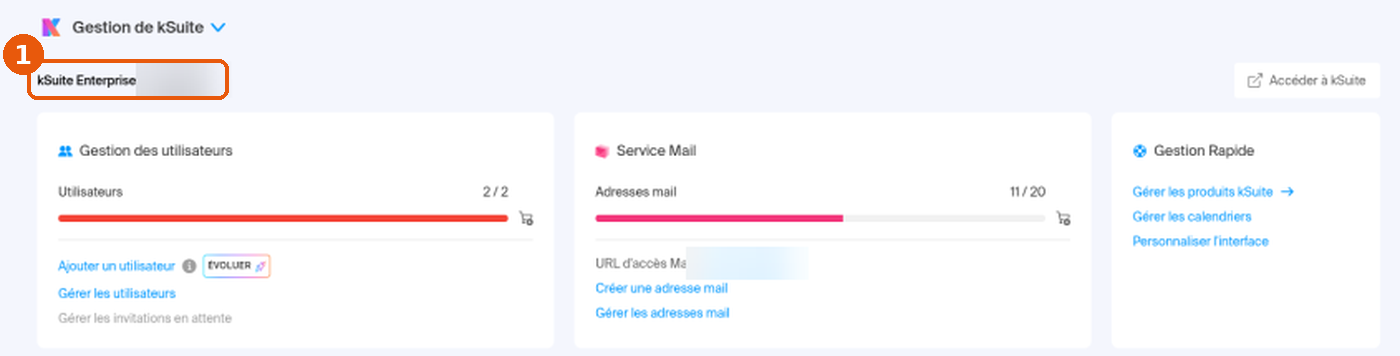 Bloc Gestion de kSuite de l'accueil du Manager avec le nom de l'offre kSuite Enterprise encadré