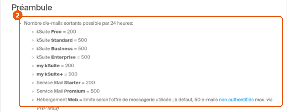 Liste des limites d'envoi par offre dans la FAQ Infomaniak 2065 encadrée