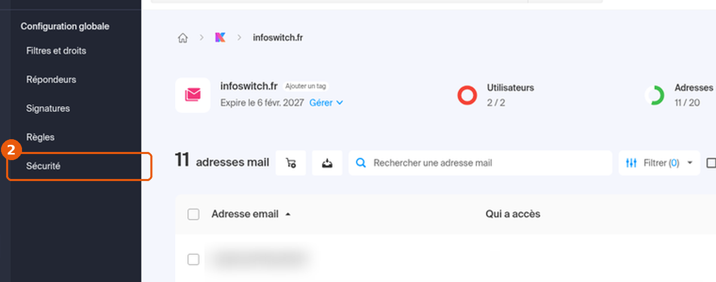 Sous-menu Configuration globale déployé, entrée Sécurité encadrée
