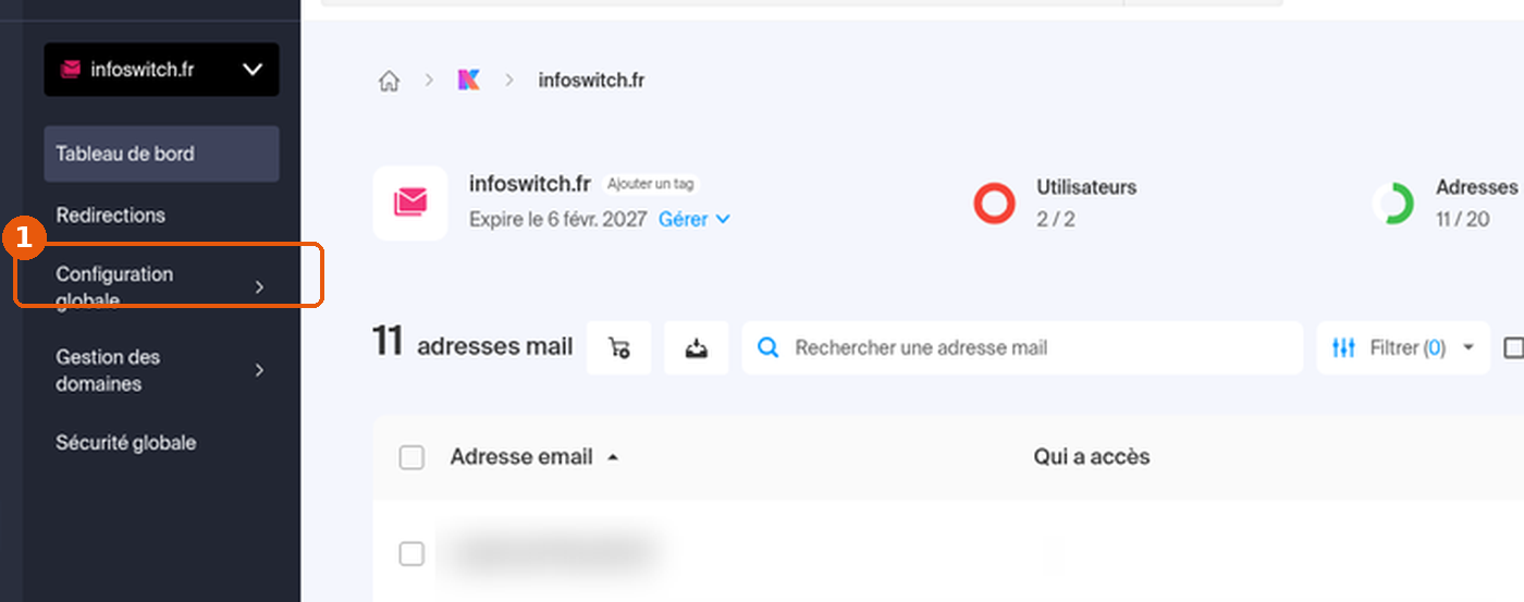 Service Mail du domaine dans le Manager, entrée Configuration globale du menu de gauche encadrée