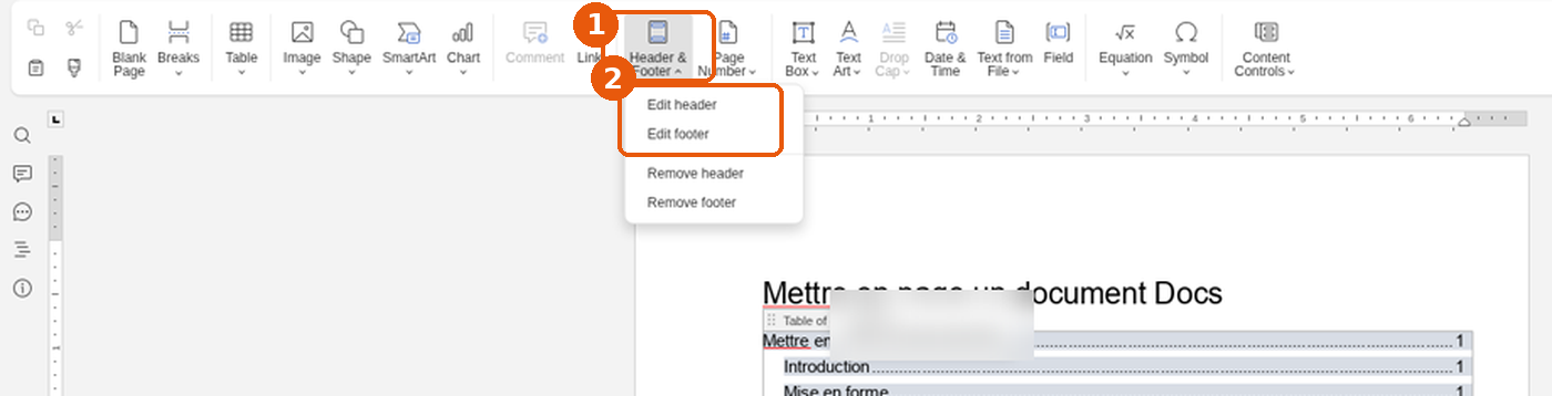 Menu Header & Footer avec Edit header et Edit footer