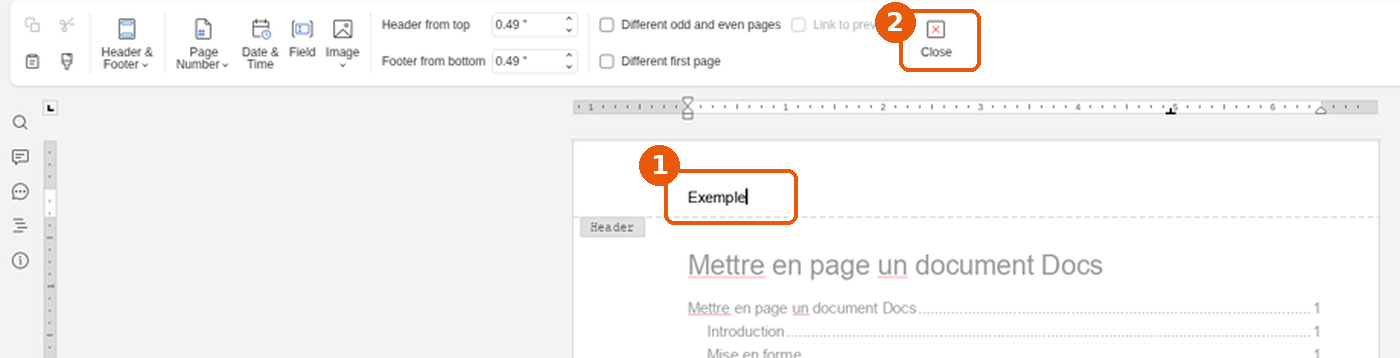 En-tête modifié avec le texte Exemple et le bouton Close