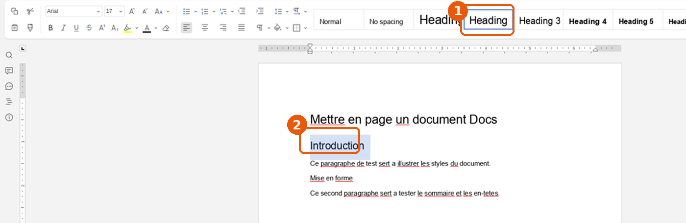 Galerie de styles avec la tuile Heading 2 et une section sélectionnée