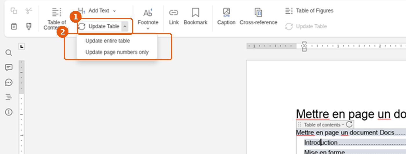 Menu Update Table avec Update entire table et Update page numbers only