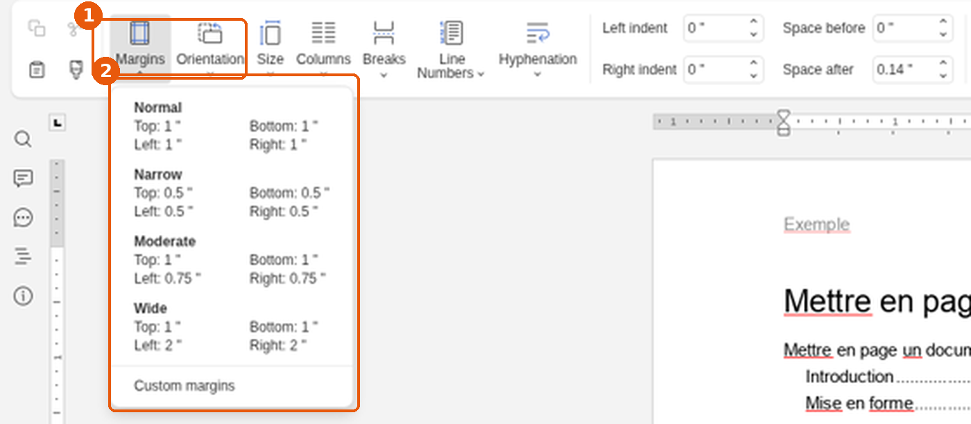 Menu Margins de l'onglet Layout