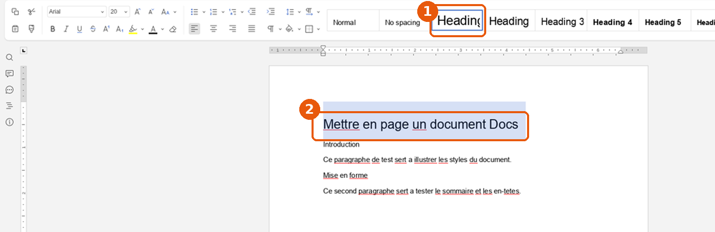 Galerie de styles avec la tuile Heading 1 et le titre sélectionné