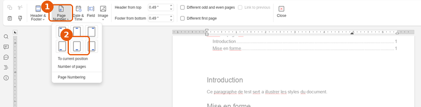 Menu Page Number avec la grille de positions