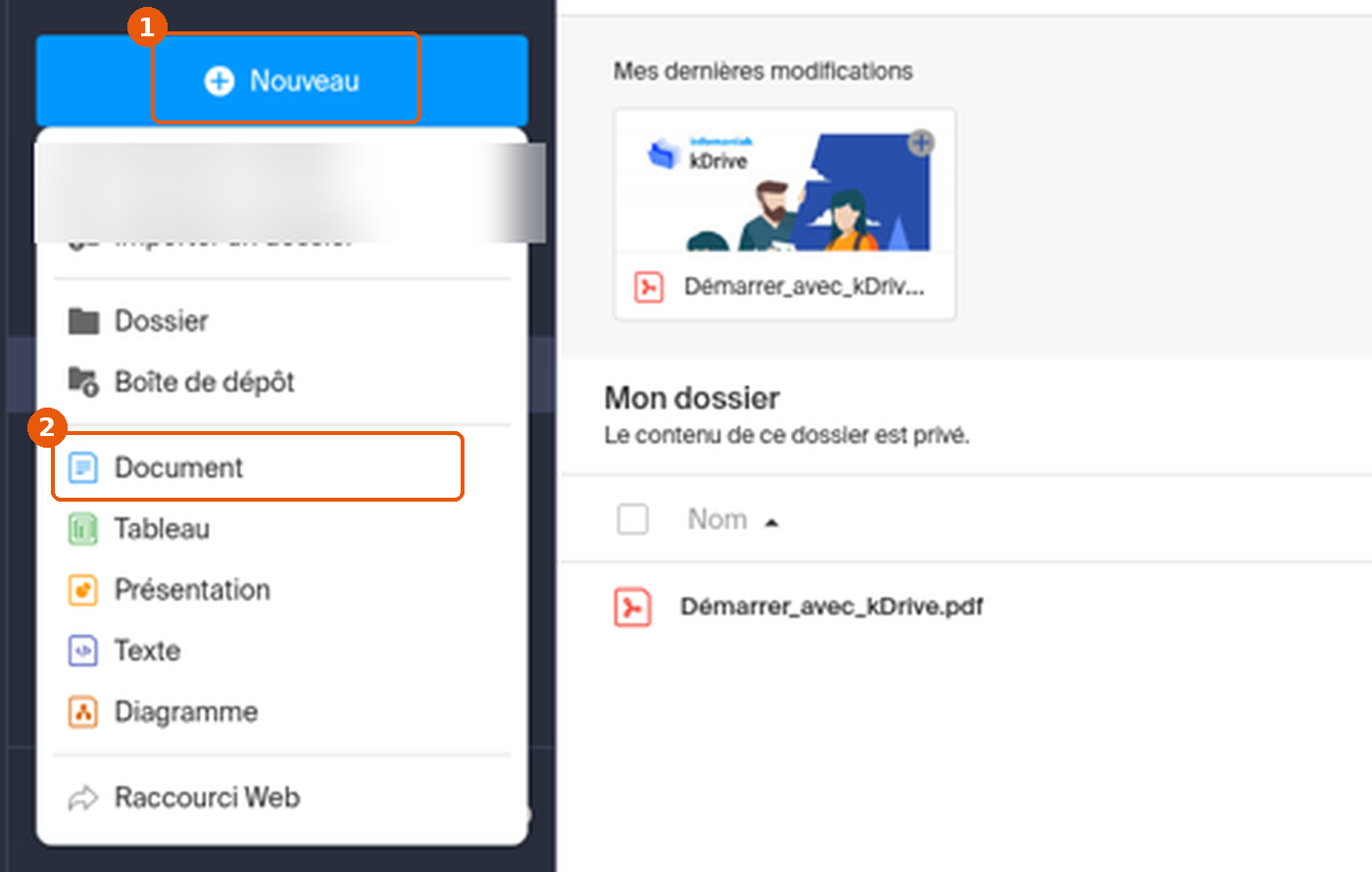 Menu Nouveau de kDrive avec Document encadré