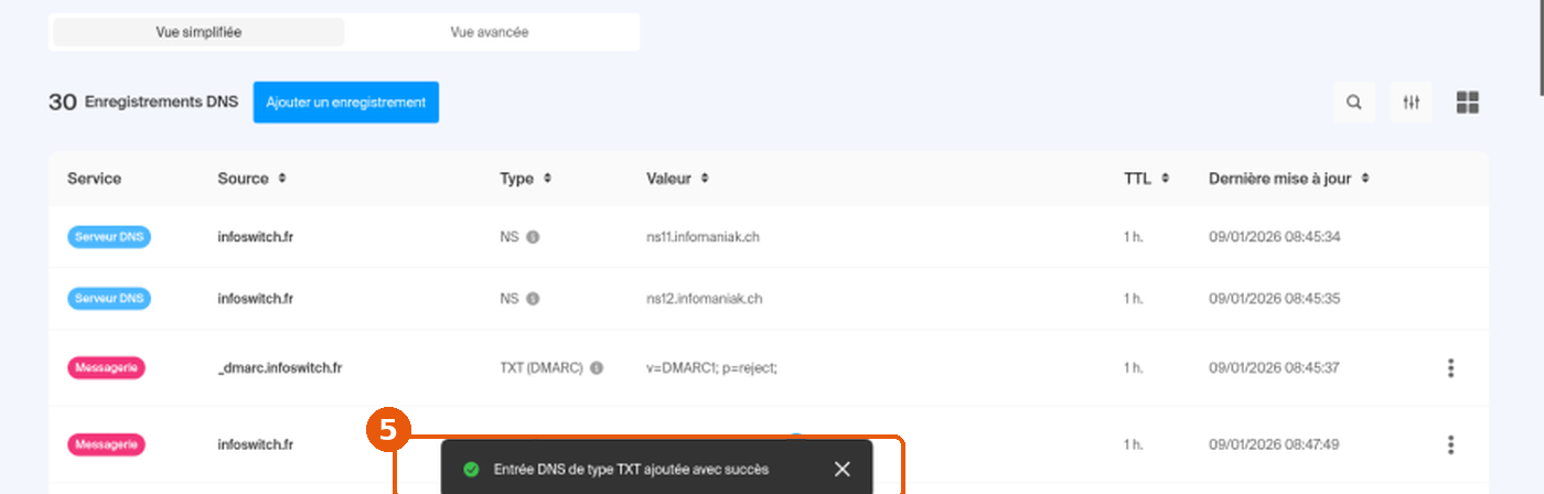 Message Entrée DNS de type TXT ajoutée avec succès et compteur 30 Enregistrements DNS