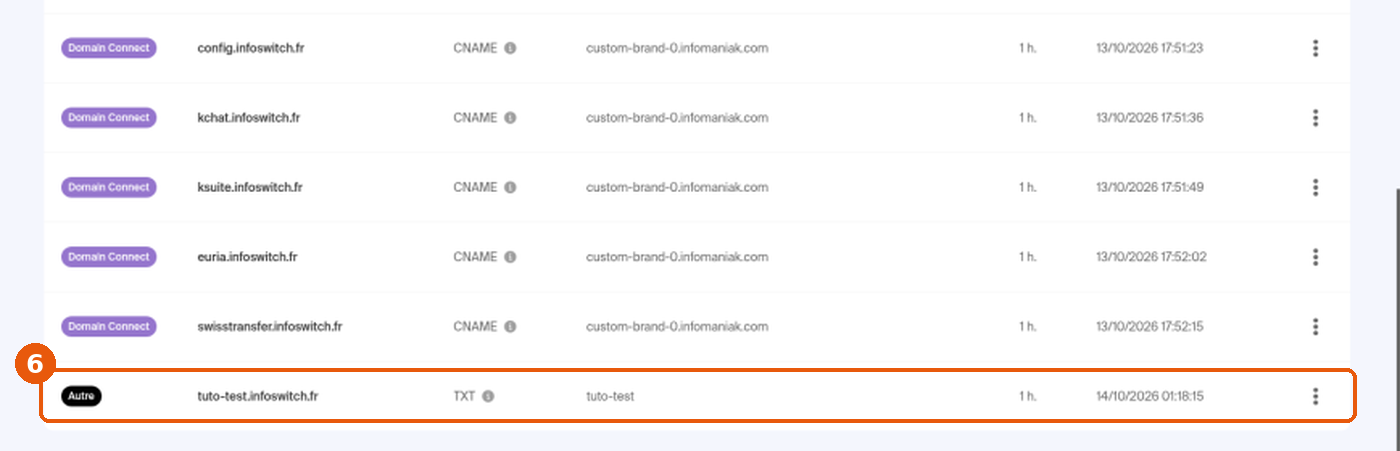 Ligne tuto-test.infoswitch.fr de type TXT dans la liste de la zone DNS