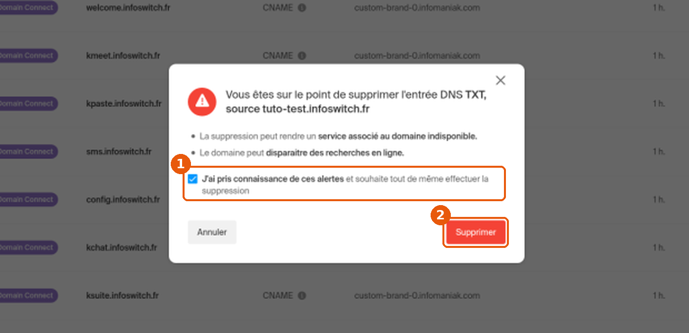 Dialogue de suppression avec la case de confirmation cochée et le bouton Supprimer