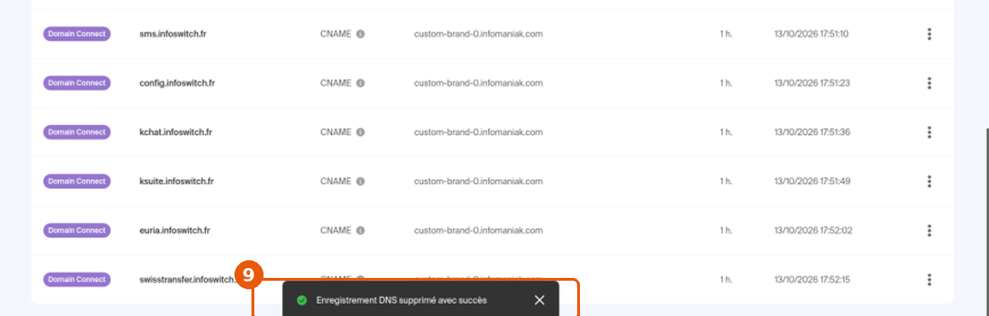 Message Enregistrement DNS supprimé avec succès