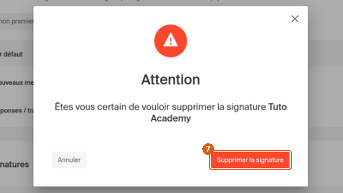 Fenêtre de confirmation Attention avec le bouton rouge Supprimer la signature encadré