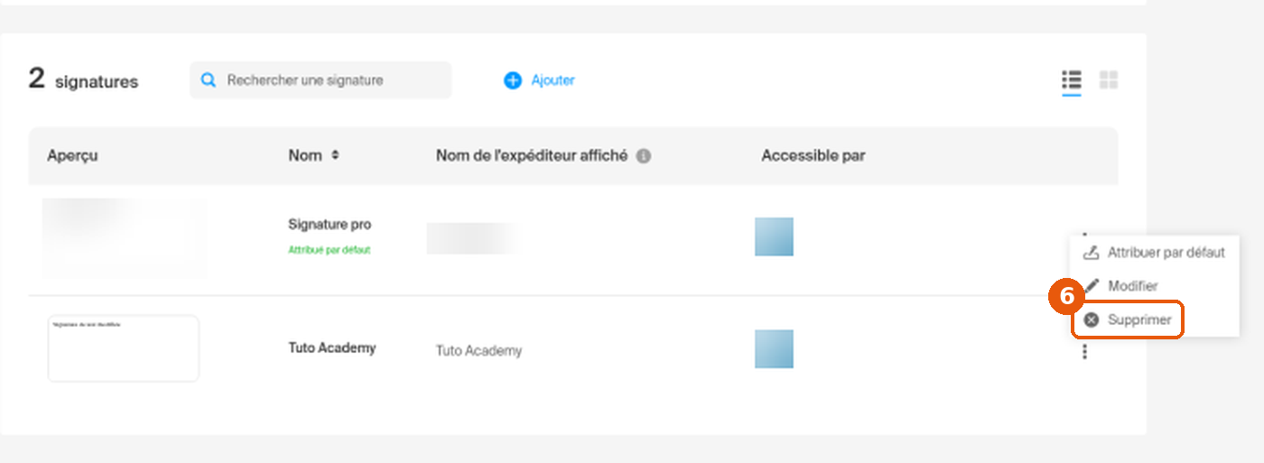 Menu trois points d'une signature ouvert vers le haut, option Supprimer encadrée