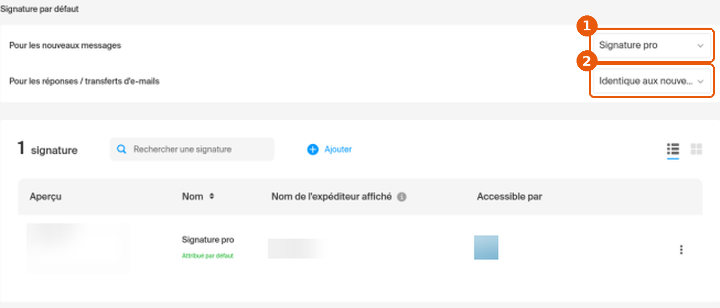 Bloc Signature par défaut avec les deux listes déroulantes encadrées, au-dessus de la liste des signatures