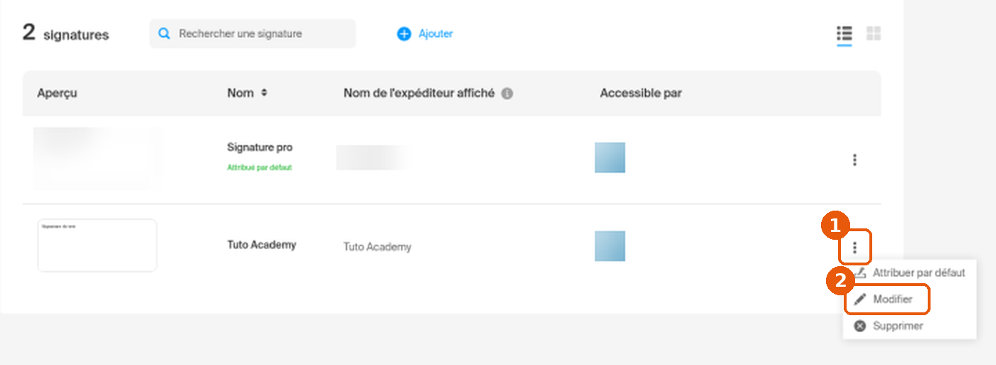 Liste de deux signatures, bouton trois points ouvert avec les choix Attribuer par défaut, Modifier et Supprimer, Modifier encadré