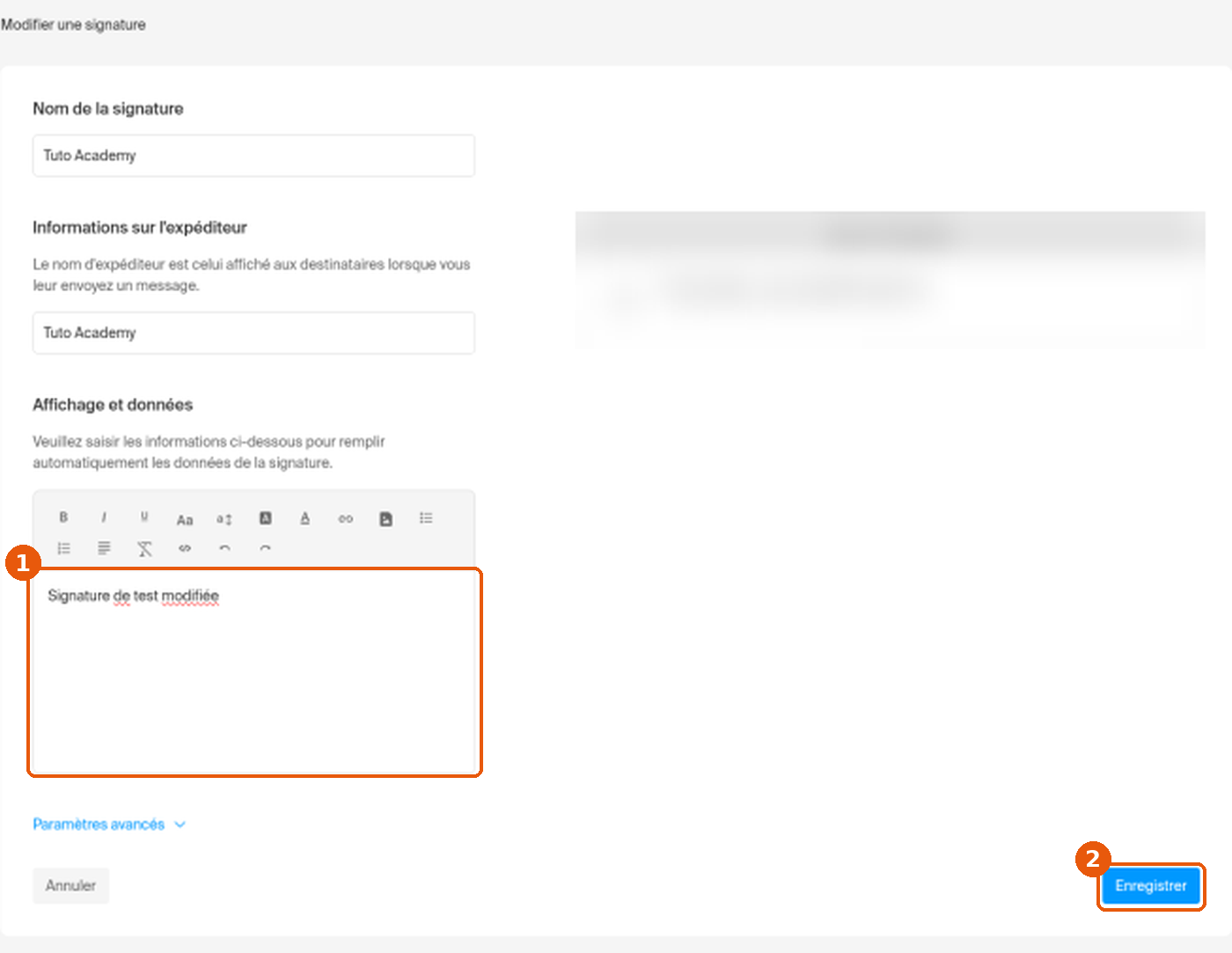 Formulaire Modifier une signature avec l'éditeur de texte et le bouton Enregistrer encadrés