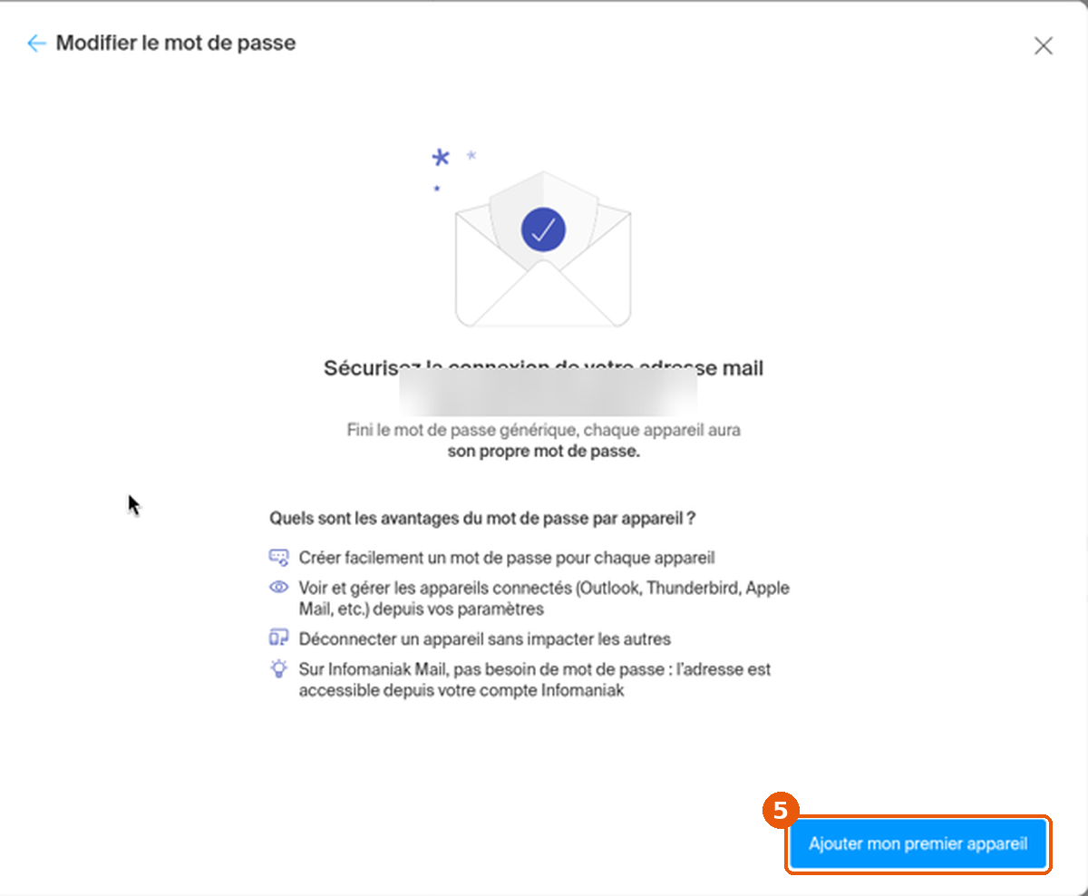 Écran Modifier le mot de passe de Mail avec le bouton Ajouter mon premier appareil encadré