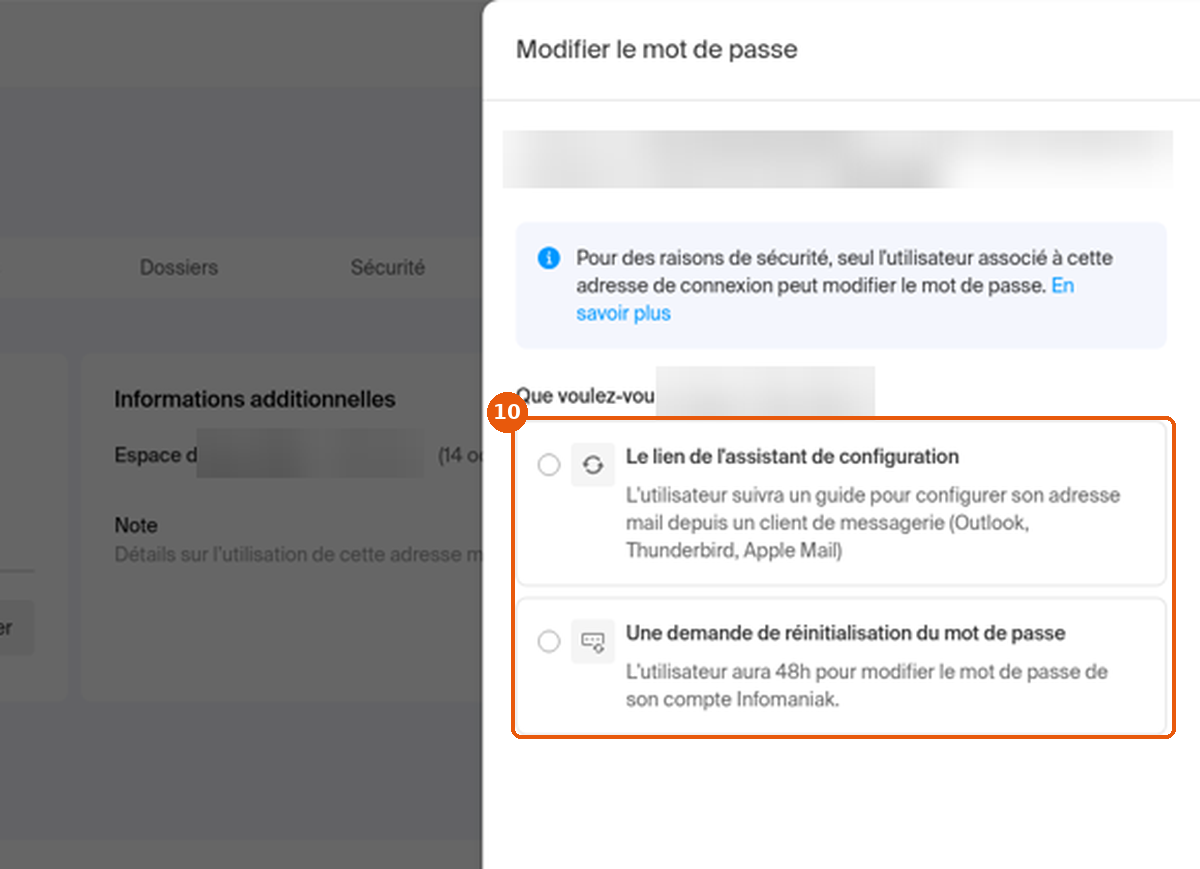Panneau Modifier le mot de passe avec les deux options d'envoi encadrées