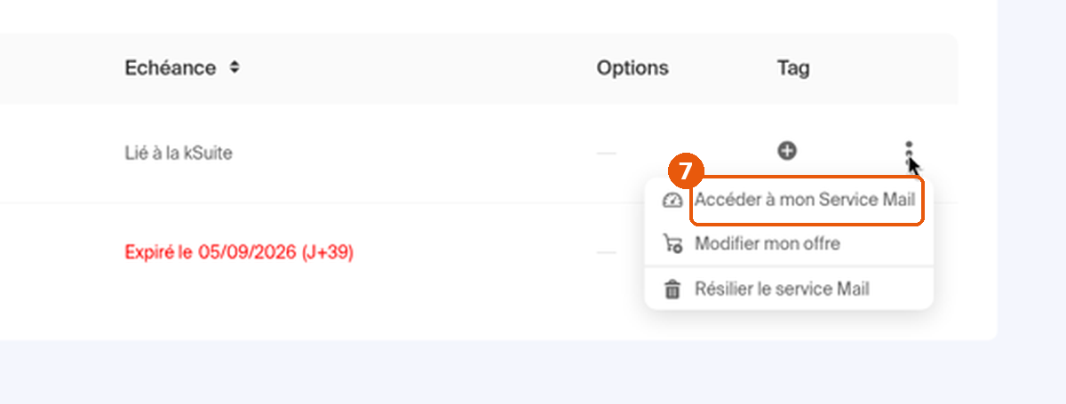 Menu de ligne avec Accéder à mon Service Mail encadré