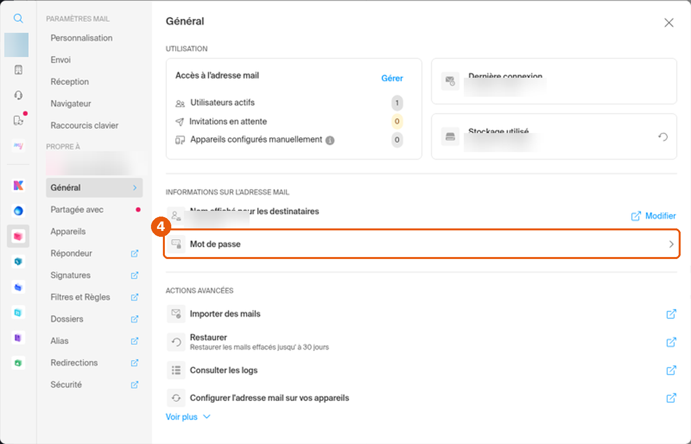 Paramètres Mail Général avec la ligne Mot de passe encadrée
