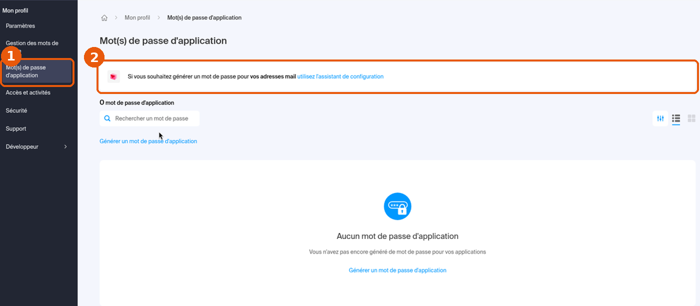 Page Mot(s) de passe d'application de Mon profil avec le bandeau vers l'assistant de configuration