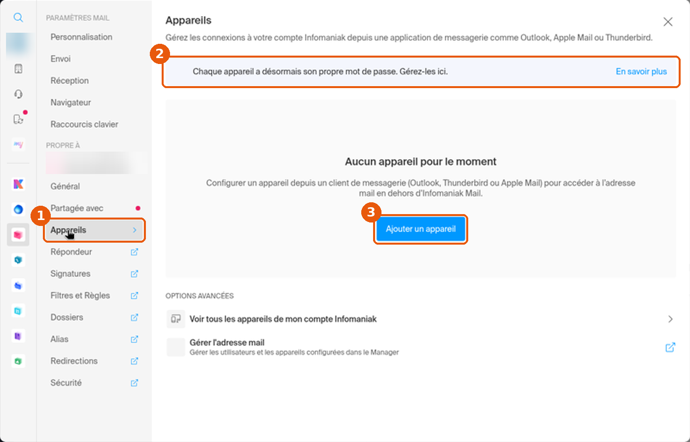 Paramètres Mail, rubrique Appareils, avec le bouton Ajouter un appareil