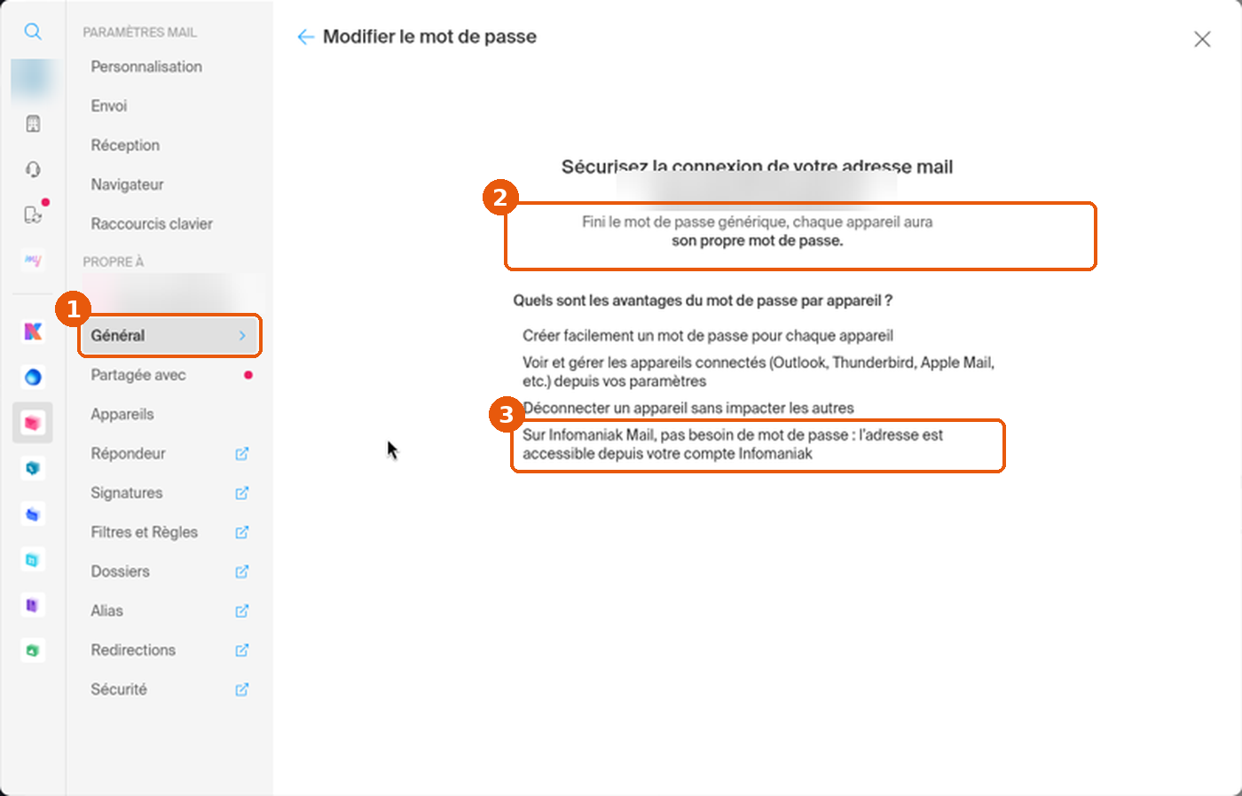 Écran Modifier le mot de passe des paramètres Mail expliquant le mot de passe par appareil