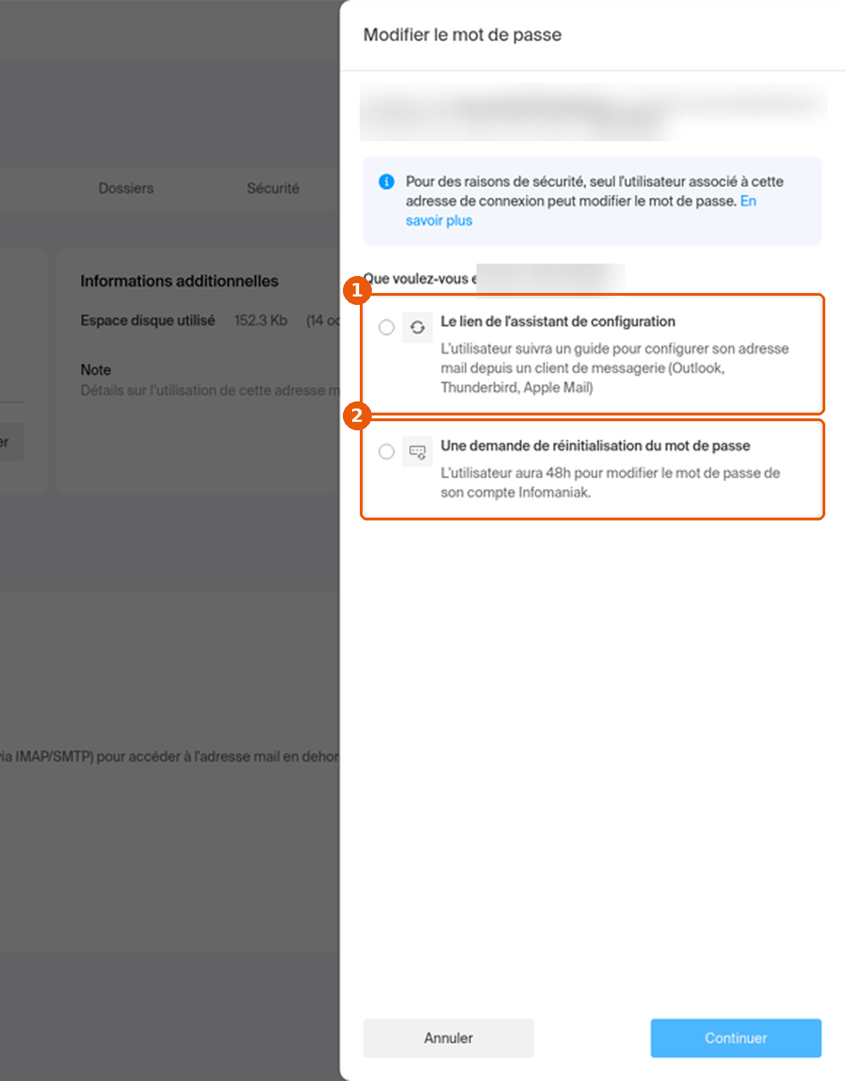 Panneau Modifier le mot de passe du Manager avec les deux options d'envoi